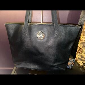 Michael Kors Black Saffiano Leather Tote Bag Gold Logo Large Work Carryall